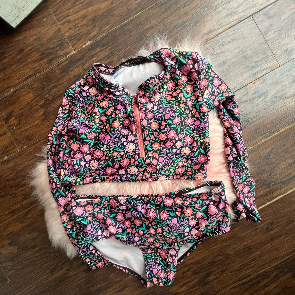 TWO swimsuits Floral Long Sleeve Swimsuit Set + animal print bikini set girls xl